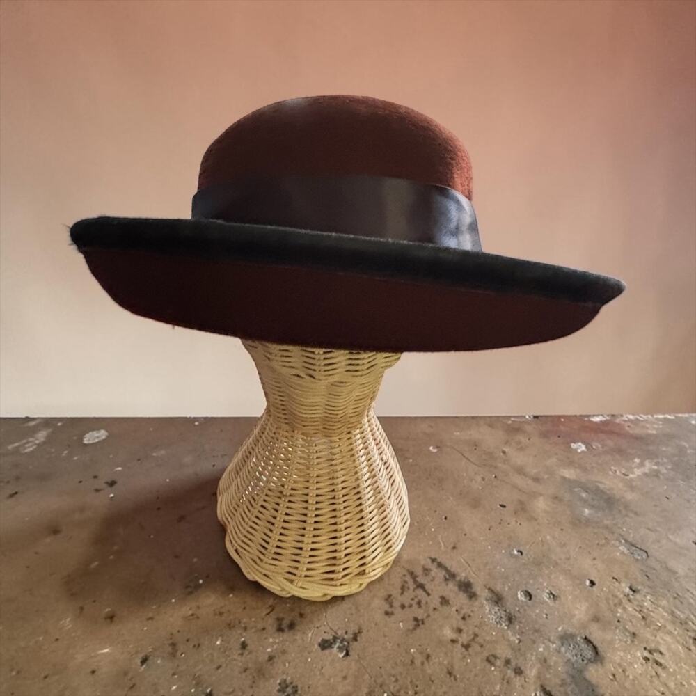Vintage Italian 100% Wool Brown & Black Wide Brim Hat Made in Italy Size 2